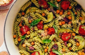 Zucchini Pesto Pasta with Tomatoes & Chickpeas